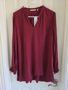 Soft Surroundings Burgundy V-Neck Long Sleeve Tunic Blouse Size Medium